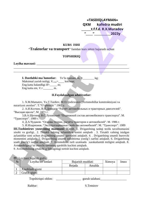 Kurs ishida traktorlar va transport fanidan topshiriq