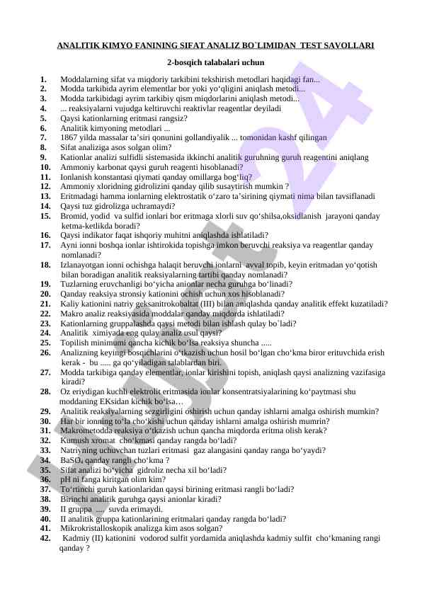 Analitik kimyo fanining sifat tahlili bo'yicha savollar