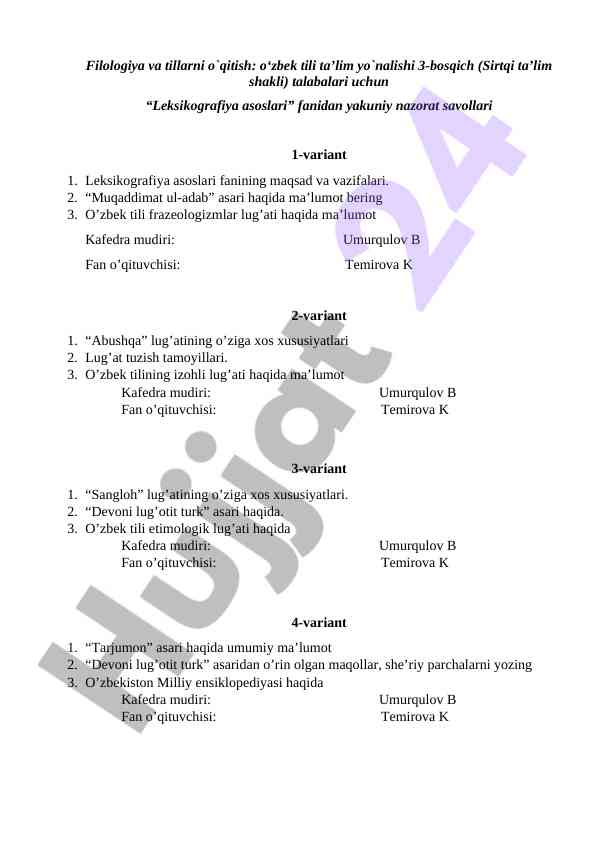 Leksikografiya asoslari fanidan yakuniy nazorat savollari