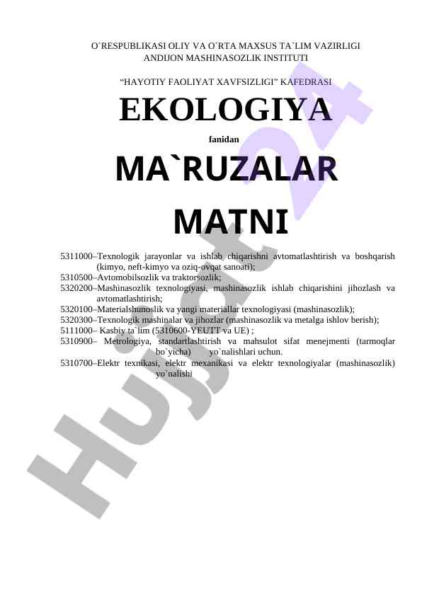 Ekologiya fanidan ma'ruzalar matni: hujjatlar