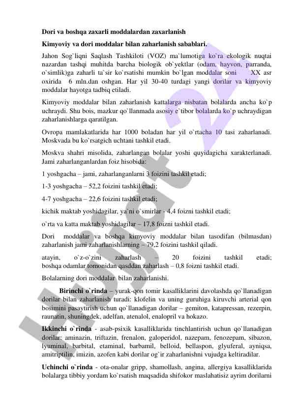 Zaxarlanish sabablari va kimyoviy moddalar