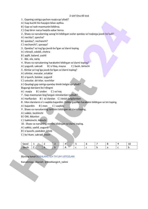 2-sinf ona tili test savollari bilan urganish