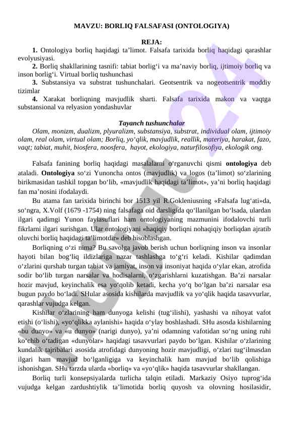 Borliq falsafasi ontologiya masalalari tadqiqoti