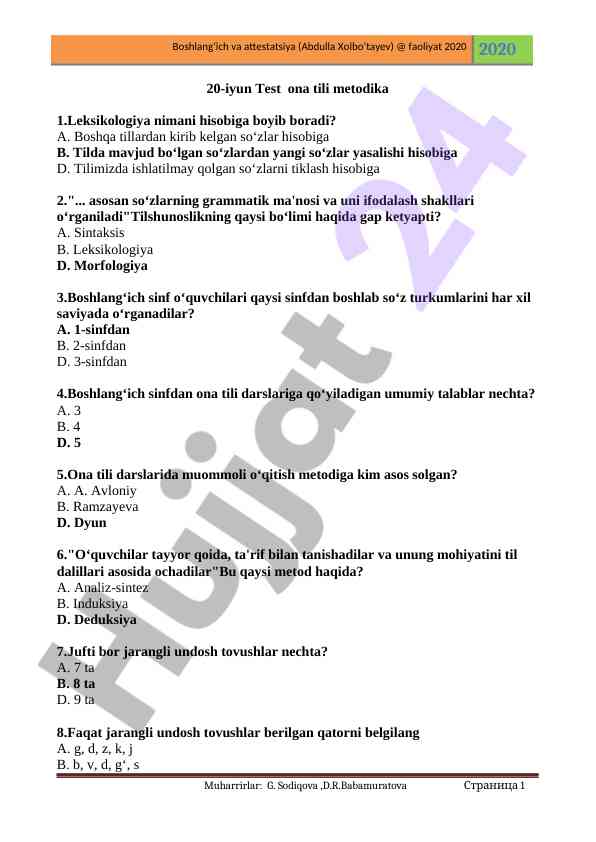Ona tili metodikasi test savollari
