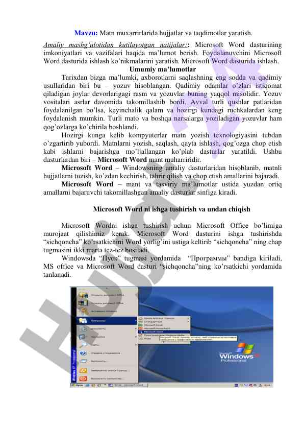 Microsoft word dasturida hujjatlar yaratish