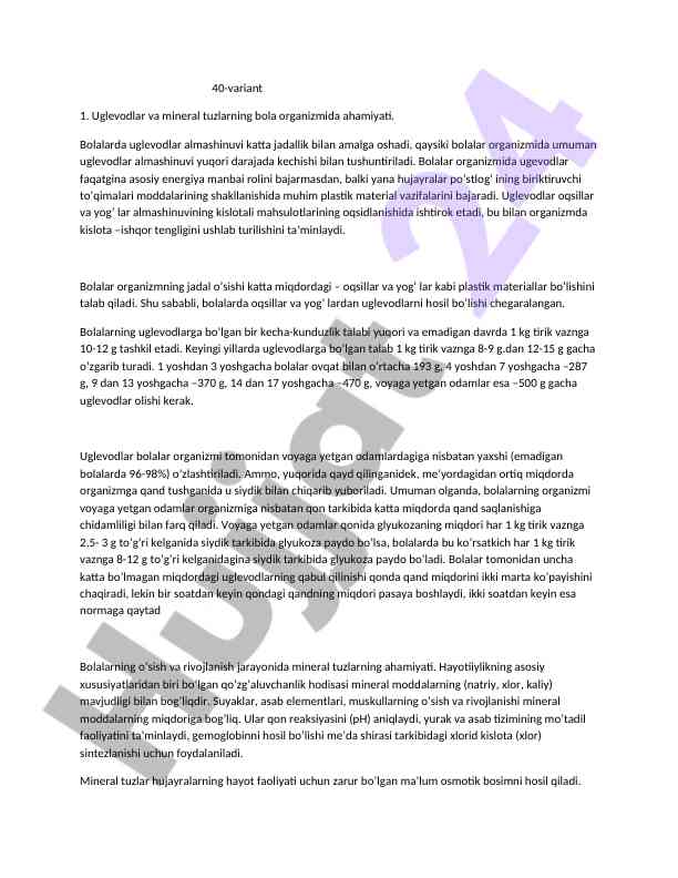 Uglevodlar va mineral tuzlarning bola organizmidagi ahamiyati