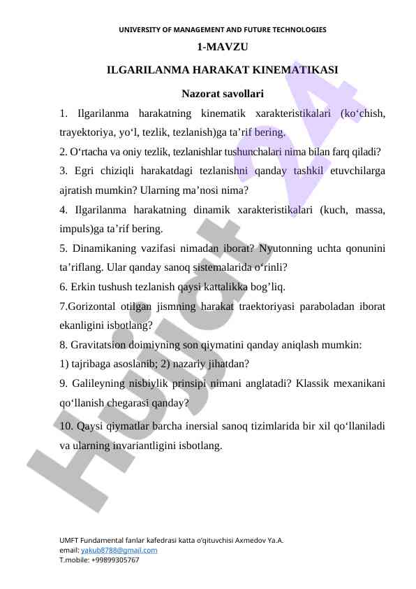 Ilgarilanma harakat kinematikasi savollari