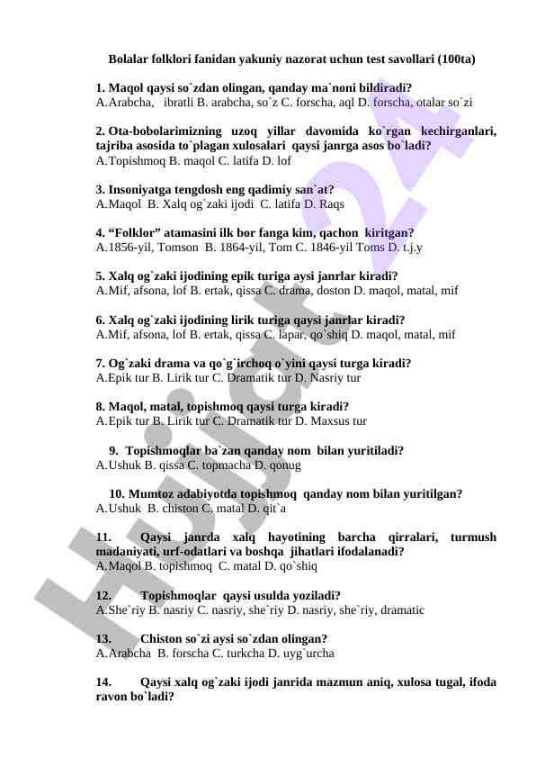 Bolalar folklori fanidan test savollari