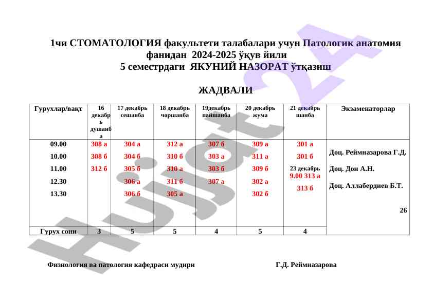 Патологик анатомия фанидан якуний назорат жадвали
