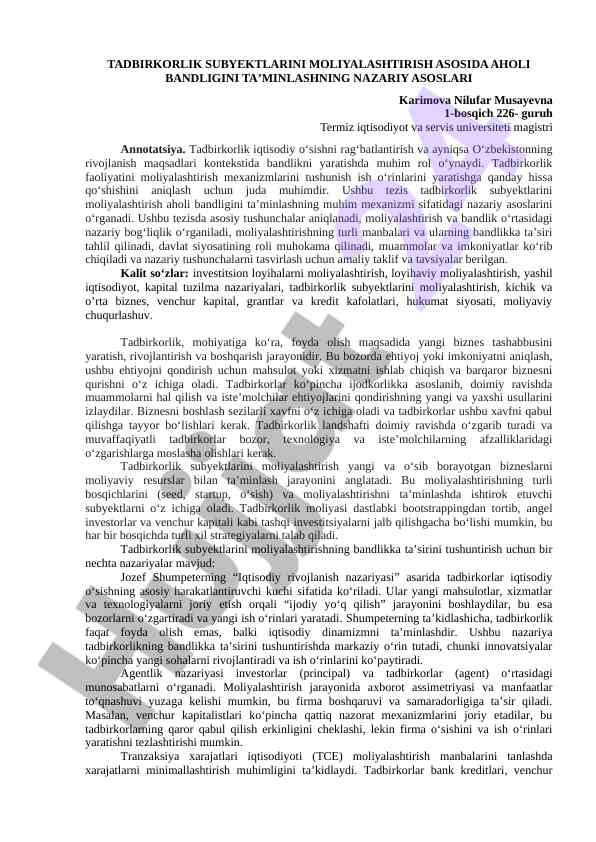 Tadbirkorlik subyektlari moliya va bandlik nazariyasi