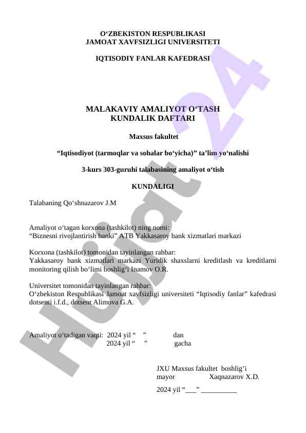Malakaviy amaliyot o‘tash kundalik daftari