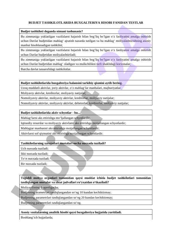 Budjet tashkilotlarida buxgalteriya hisobi fanidan testlar