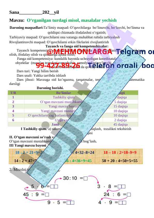 O‘rganilgan turdagi misollar va masalalar yechish