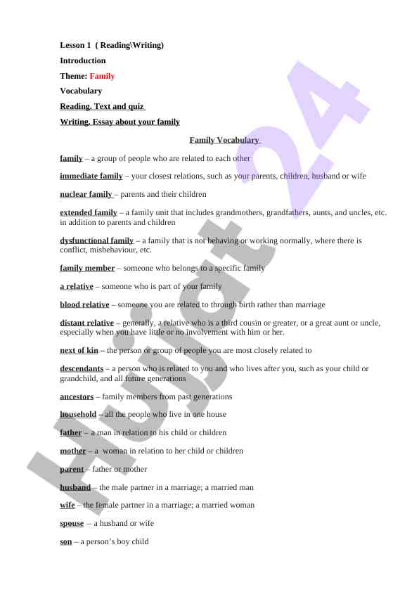 Family vocabulary and writing techniques