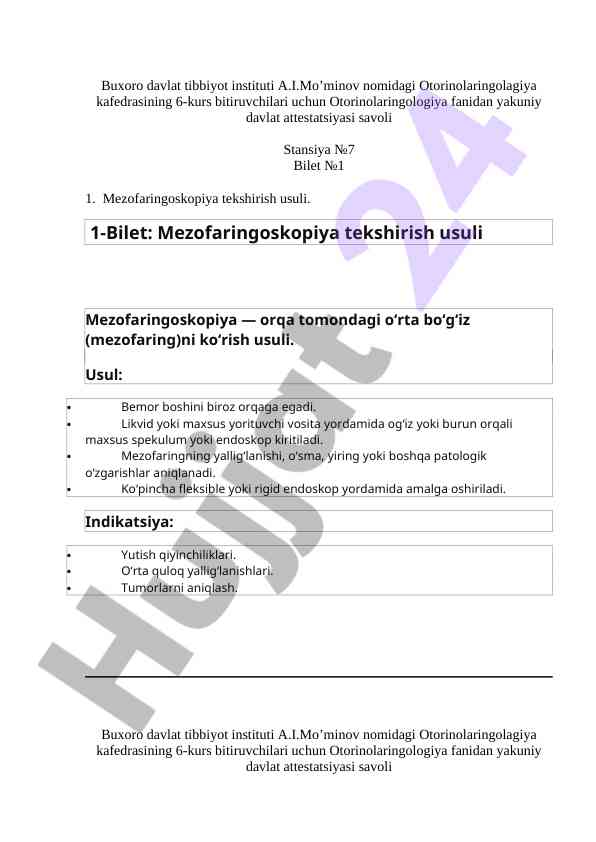 Otorinolaringologiya fanidan davlat attestatsiyasi savollari