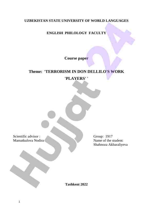 Terrorizm mavzusi don delillo 'players' asarida