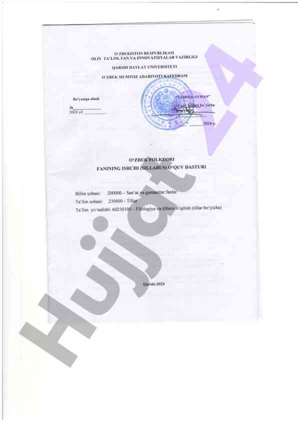 O‘zbekiston folklori fanining dars dasturi 2024