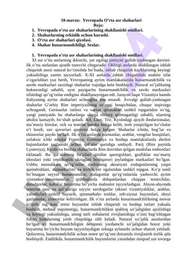 Yevropada o’rta asr shaharlari shakllanishi