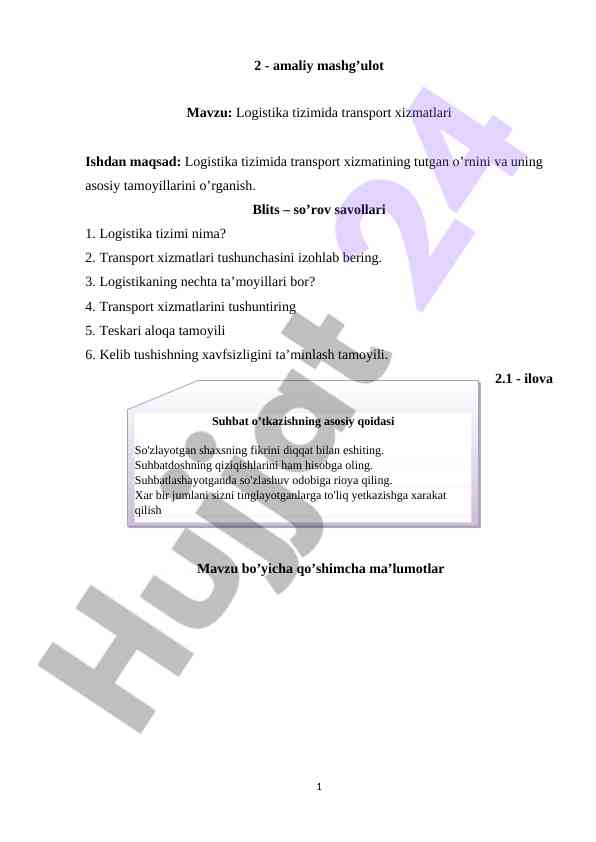 Logistika tizimidagi transport xizmatlari o'rganilishi