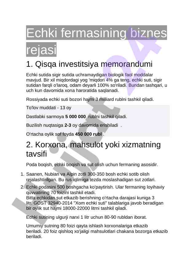Echki fermasining biznes rejasi va investitsiya