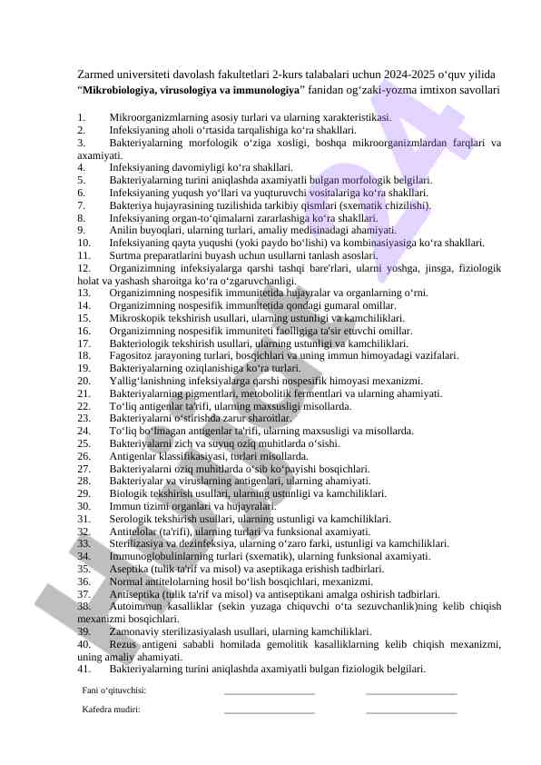 Mikrobiologiya imtixon savollari talabalar uchun