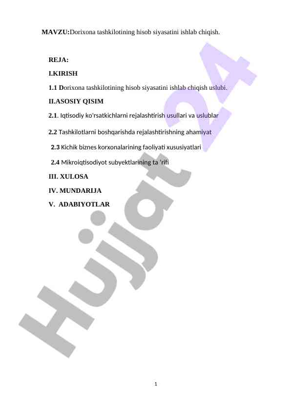Dorixona tashkilotining hisob siyosatini ishlab chiqish