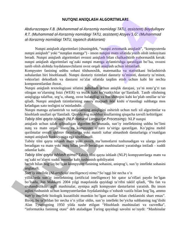 Nutqni aniqlash algoritmlari va ularning qo‘llanilishi