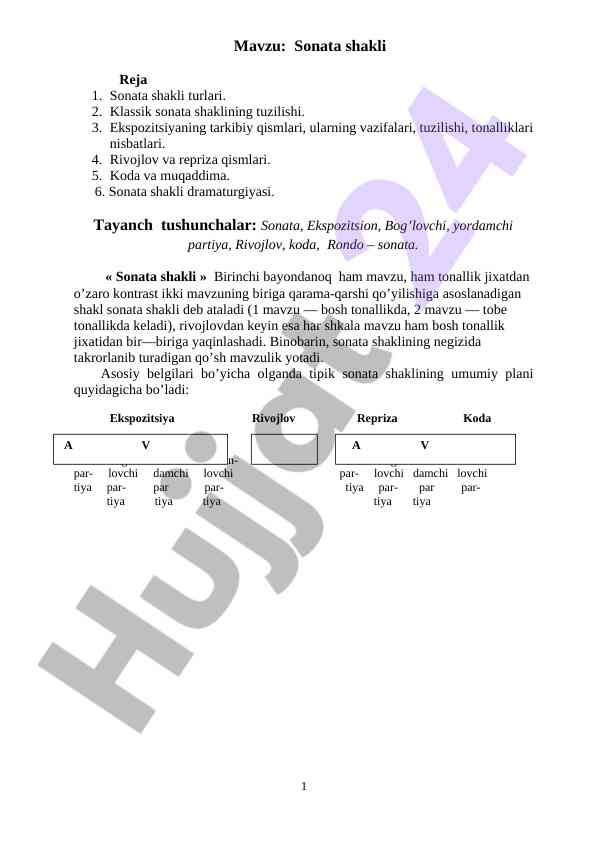 Sonata shakli va uning turlari asoslari
