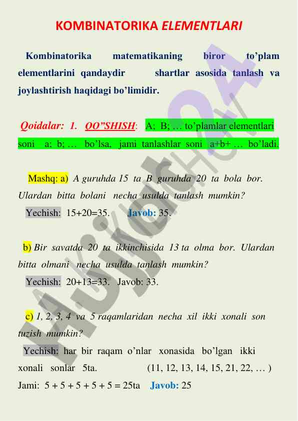 Kombinatorika elementlari bo'yicha mashqlar