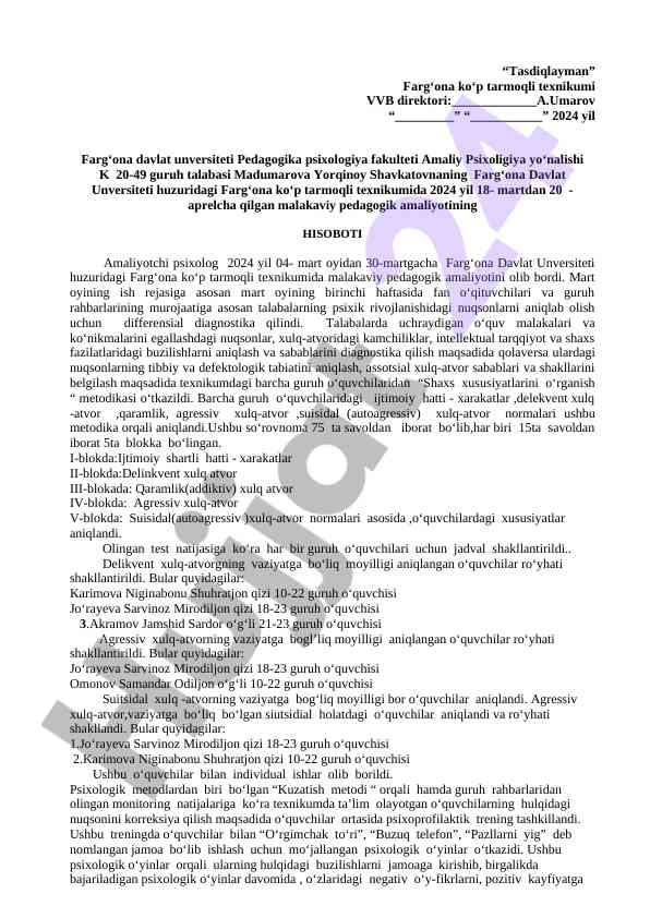Malakaviy pedagogik amaliyot hisoboti 2024