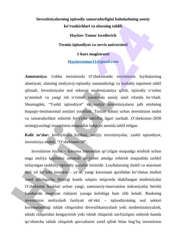 Investitsiyalarning iqtisodiy samaradorligini baholash