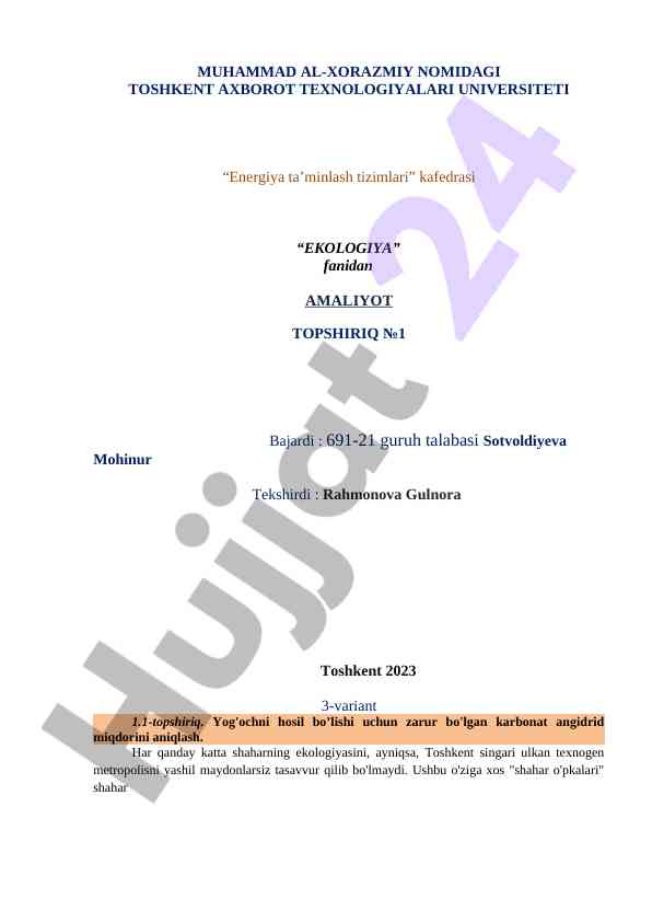 Ekologiya fanidan amaliyot topshiriq no 1