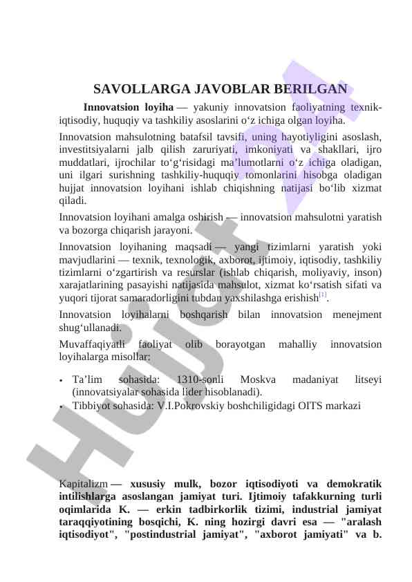 Innovatsion loyiha texnik-iqtisodiy asoslari