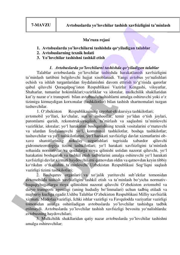 Avtobuslarda yo'lovchilar tashish xavfsizligi