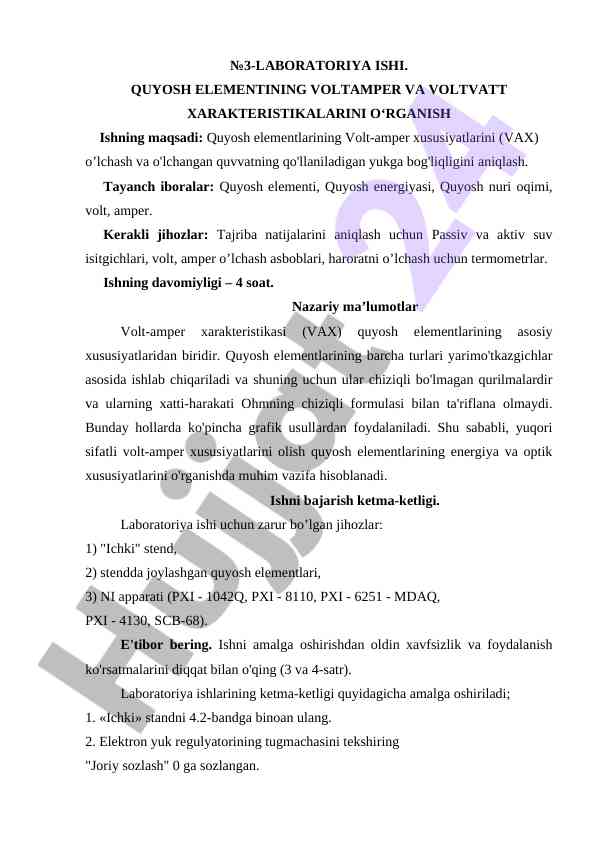 Quyosh elementining volt-amper xususiyatlarini o‘rganish