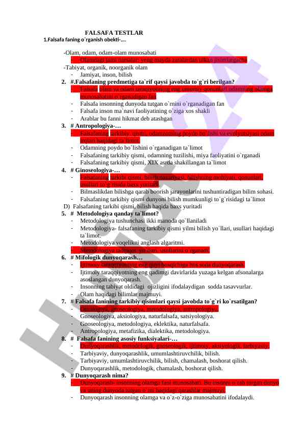 Falsafa fanining o‘rganish obekti va muammolari