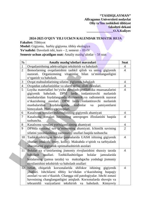 Gigiyena va harbiy gigiyena kalendar tematik reja