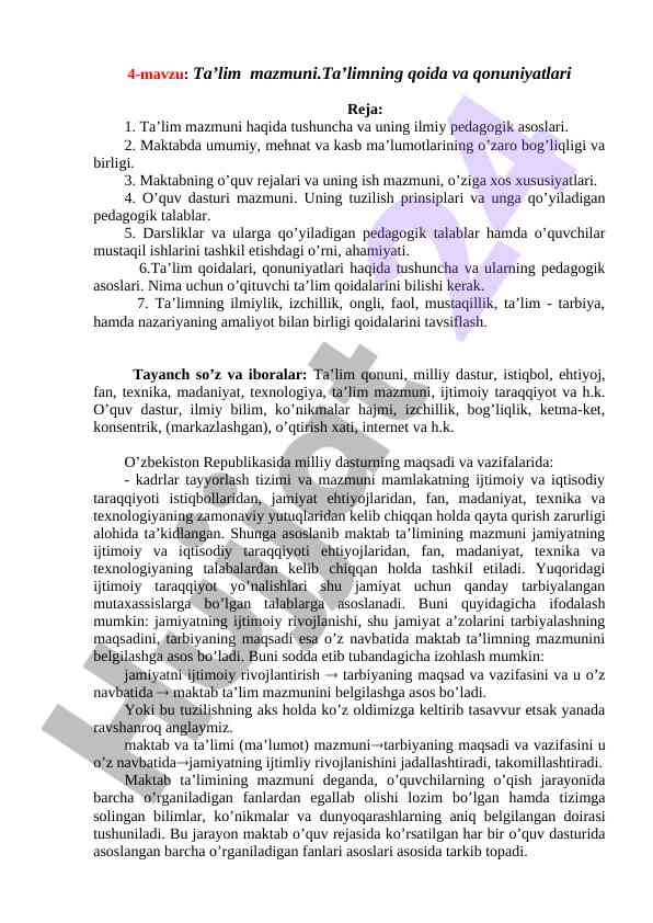 Ta’lim mazmuni va pedagogik asoslar