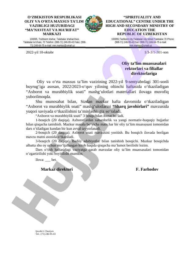 Axborot va murabbiylik soati mashg‘ulotlari rejasi