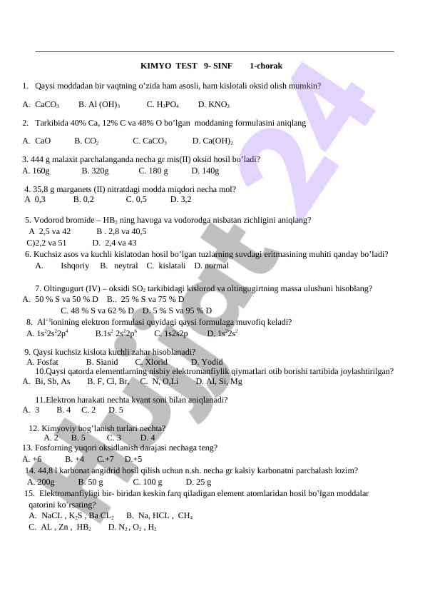 Kimyo test savollari 9-sinf uchun