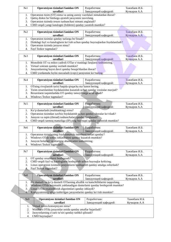 Operatsion tizimlari fanidan on savollari
