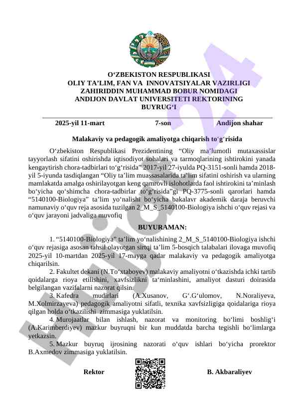 Biologiya ta’lim yo‘nalishi o‘quv rejasi