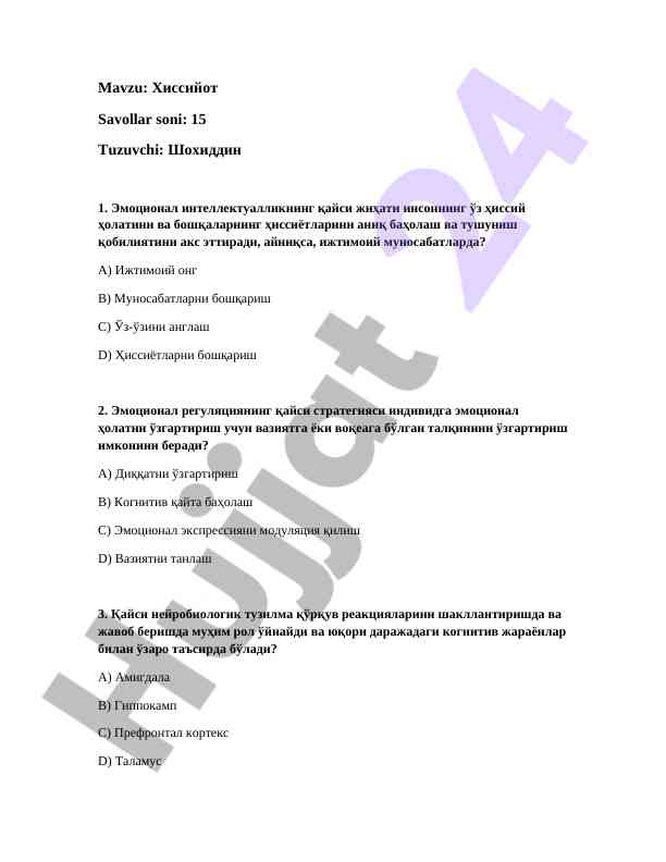 Emotsional intellekt concepciyasi va savollar