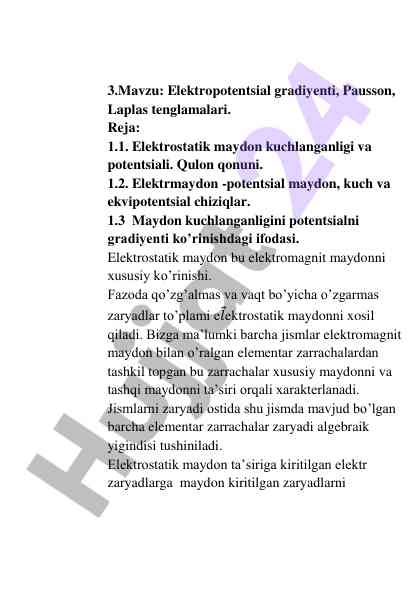 Elektropotentsial gradiyenti va kulon qonuni
