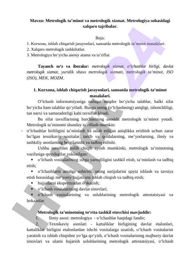 Metrologik ta'minot va xizmatlar haqida ma'lumotlar