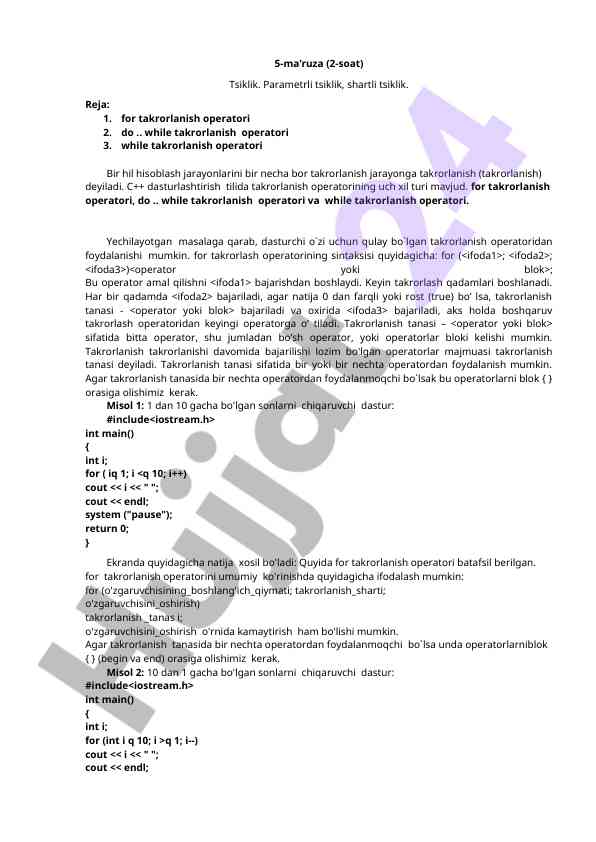 Parametrli va shartli tsiklik operatorlar c++ da