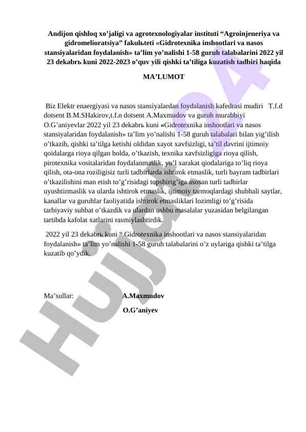 Gidrotexnika inshootlari va nasos stansiyalaridan foydalanish