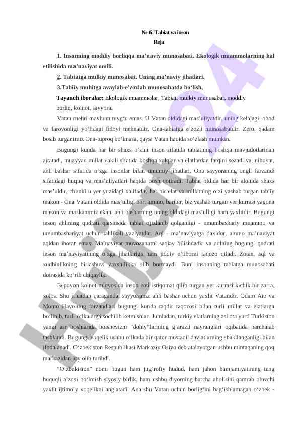 Tabiat va inson muammolari haqida referat