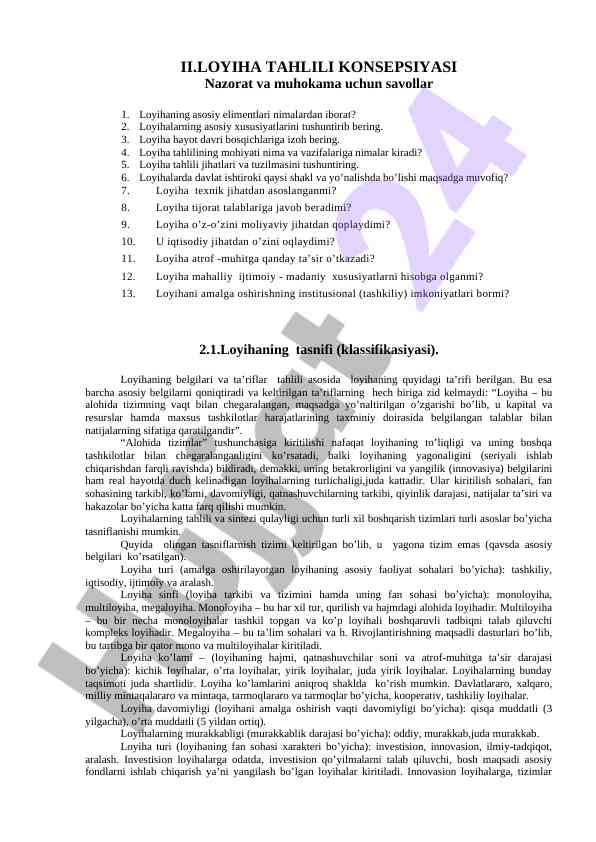 Loyihani tahlili konsepsiyasi savollari