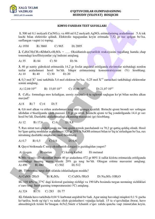 2022-yil kimyo fanidan test savollari
